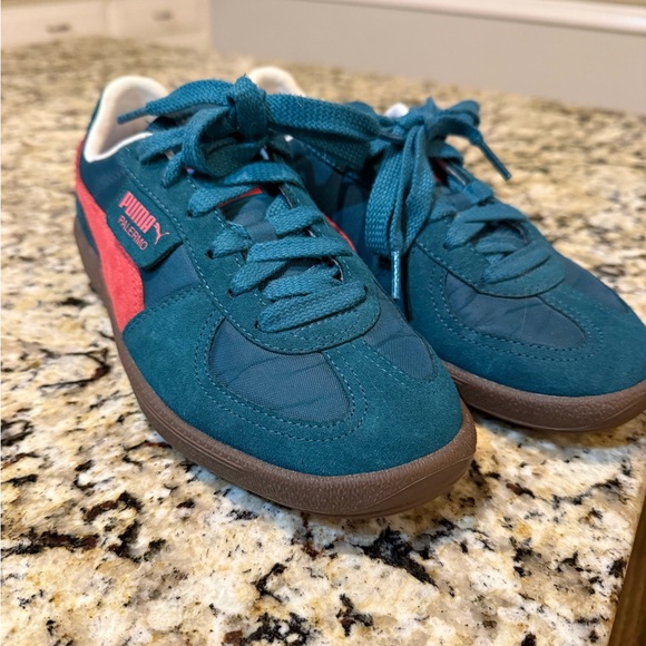 Puma Palermo Teal Suede Sneakers with Coral Stripe - Picture 3 of 6